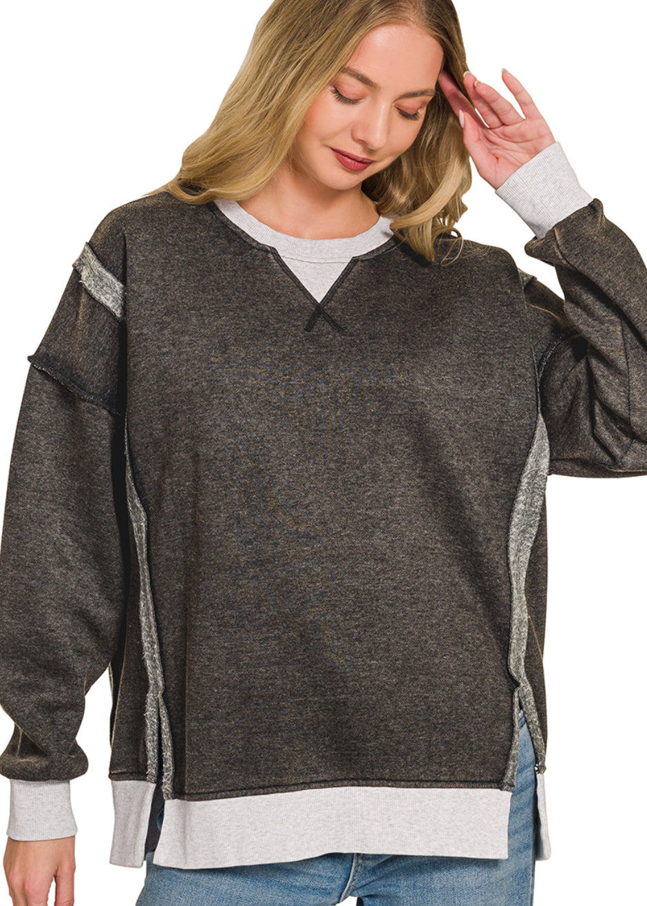 Fleece acid washed contrast trim pullover- Black