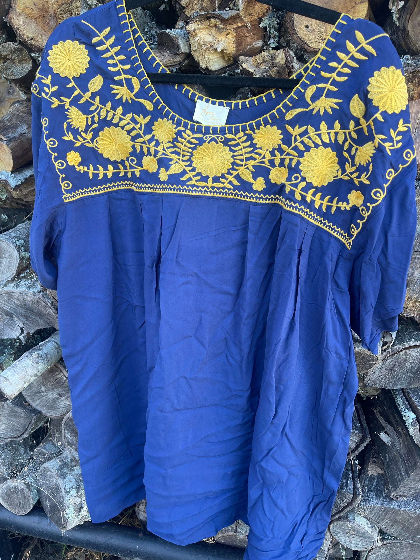 Blue gold embroidered top